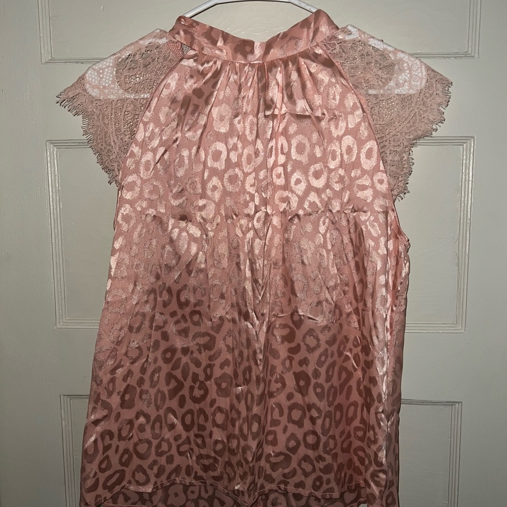 SHEIN Pink Satin Leopard Print Lace-Sleeve Blouse